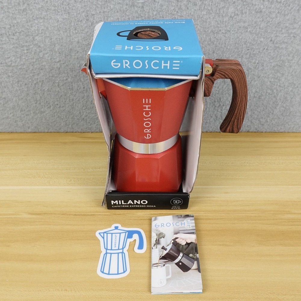 GROSCHE Milano Stovetop Espresso Maker Moka Pot 6 Espresso Cup, 9.3 oz, Red
